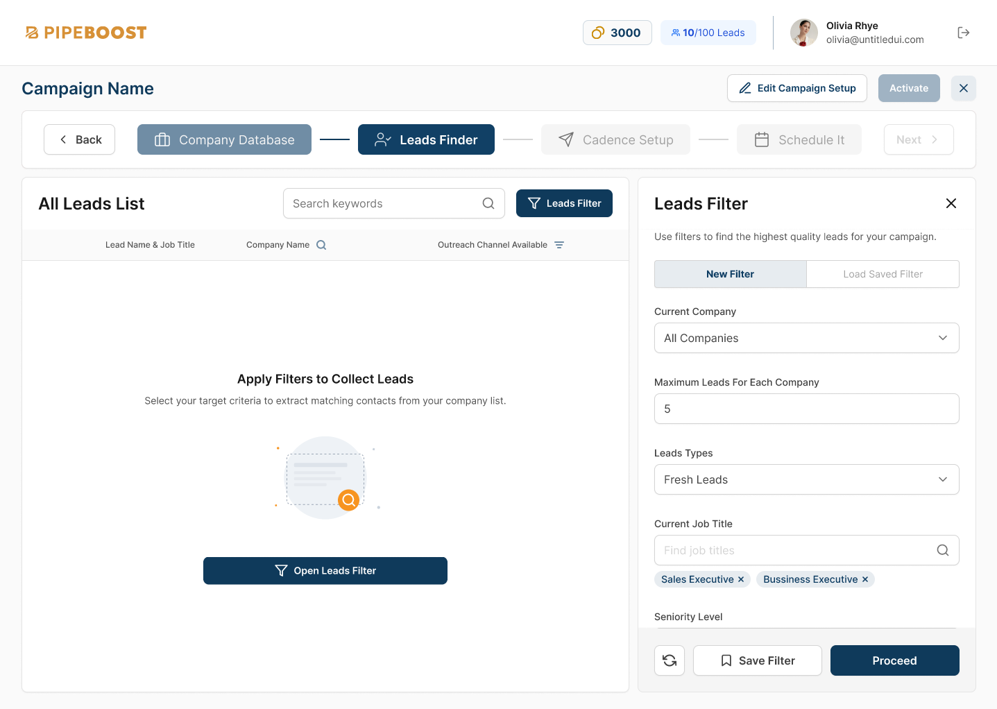 PipeBoost leads filter narrowing leads down by company, seniority and job title