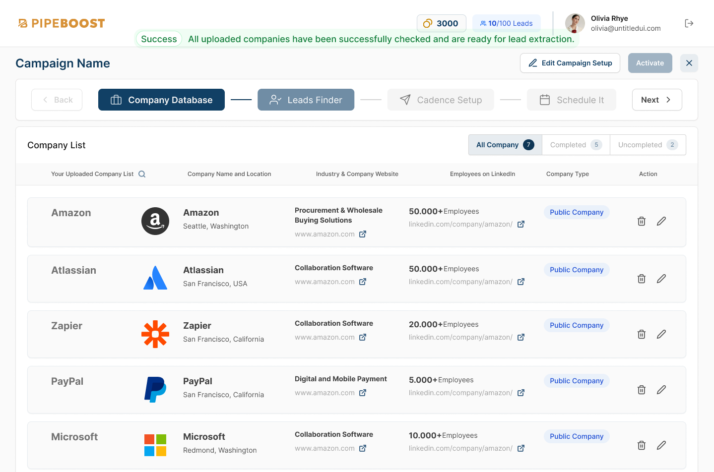 PipeBoost company database with uploaded companies verified and enriched